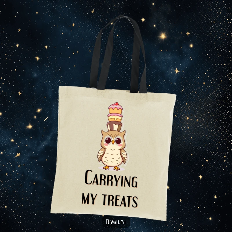 Funny tote bag featuring a happy owl balancing a tall, teetering tower of various sweet treats securely on its head.