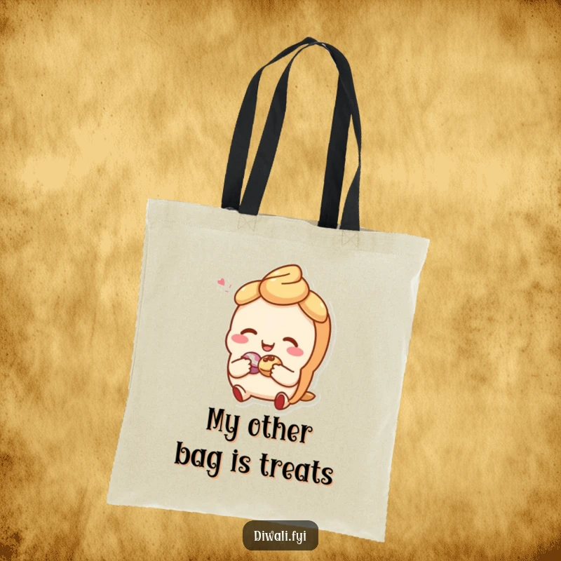 Funny tote bag showcasing a giggling sweet pastry character sharing a small treat, a practical and joyful accessory for everyday use.