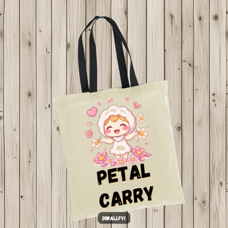Funny petal juggling tote bag, giggling character juggling shimmering flower petals, cheerful accessory, practical nature gift.
