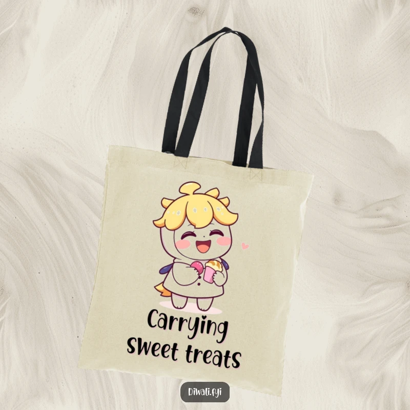 Funny tote bag showing a laughing character sharing a sweet treat with another, symbolizing friendship and acts of kindness.