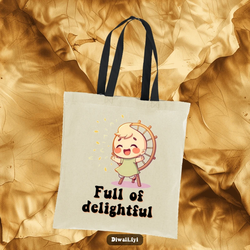 Funny tote bag illustrating a giggling character playfully chasing sparks from a Catherine wheel, perfect for carrying items with a theme of energetic fun.