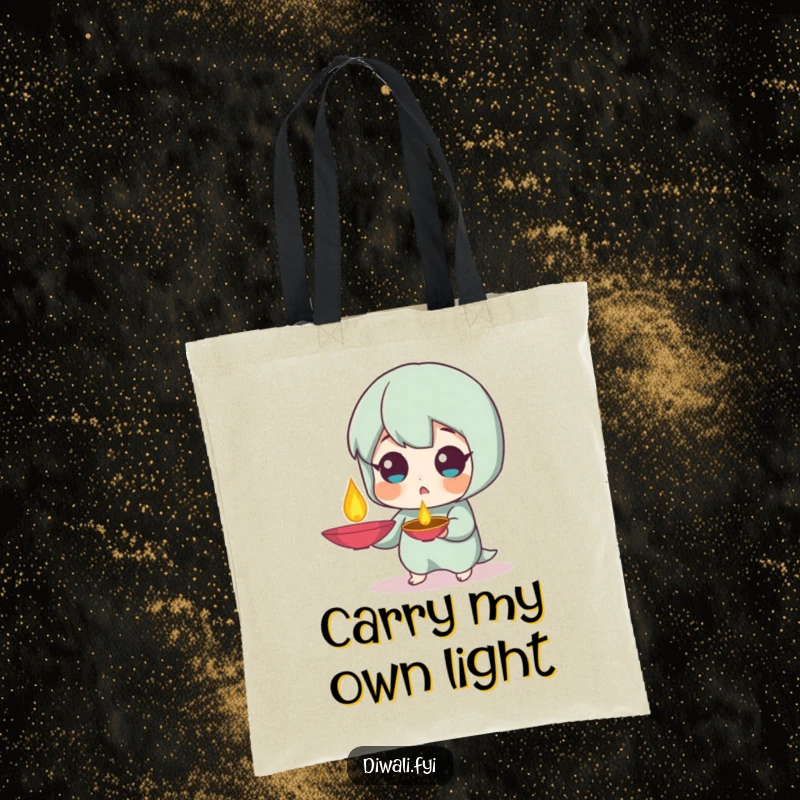 Funny Surprised Diya Tote Bag: Tote bag with a character with a surprised expression holding a diya lamp. Perfect funny gift.