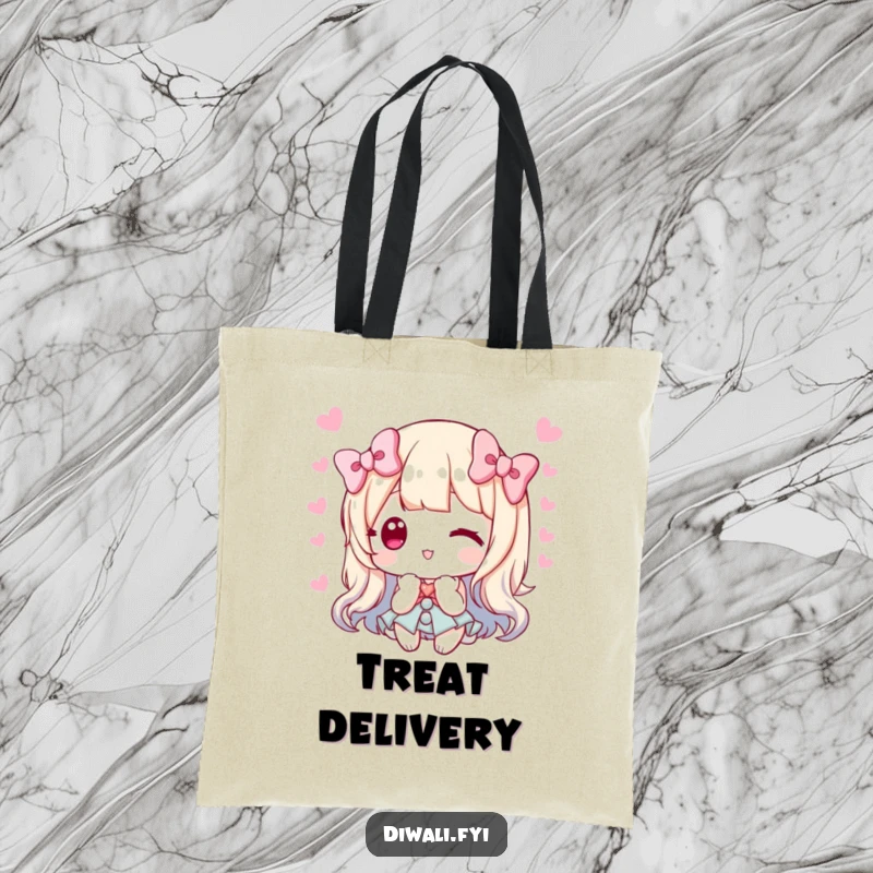 Funny tote bag showcasing a character offering sweets with a polite bow, ideal for sharing and carrying treats.