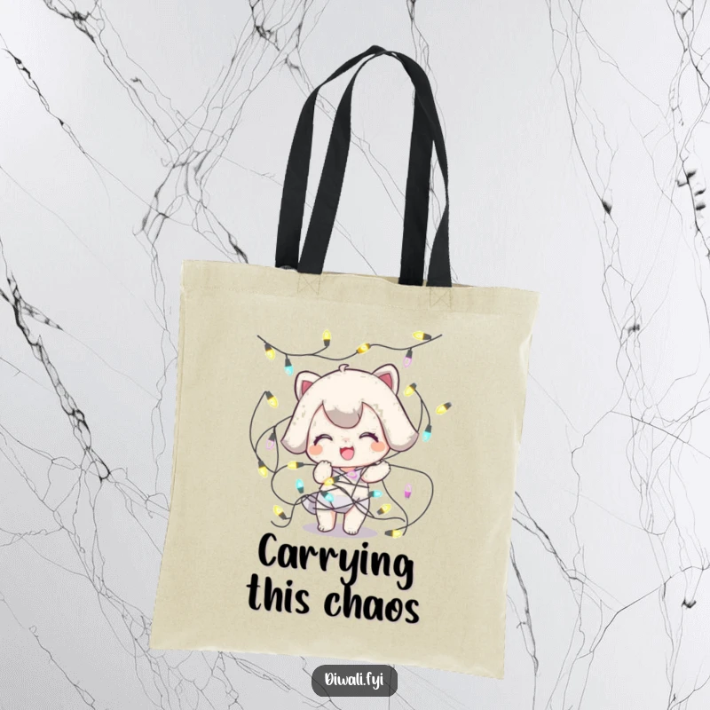 Funny Tangled Lights Tote Bag: A playful character is comically tangled in a string of decorative lights, a festive mishap.