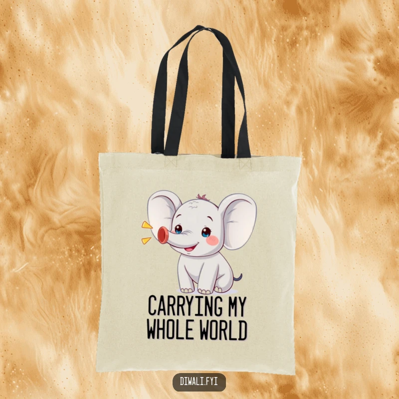 Funny tote bag with a gleeful elephant character trumpeting, a charming and humorous accessory for carrying daily necessities with delight.
