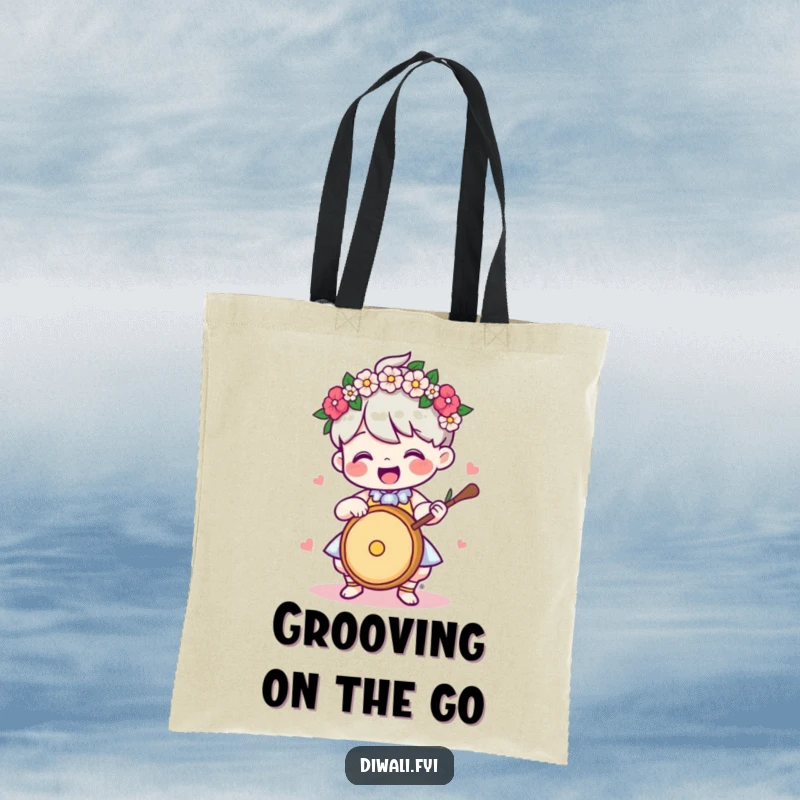 Funny Tote Bag: Delighted character with a flower garland, playing a drum, perfect for carrying essentials with rhythm.