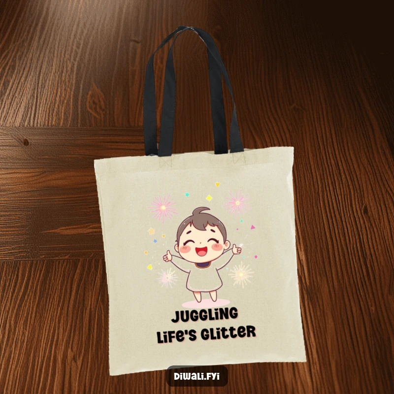 Funny joyful character smiling broadly, juggling several colorful sparklers, ready for festive outings.