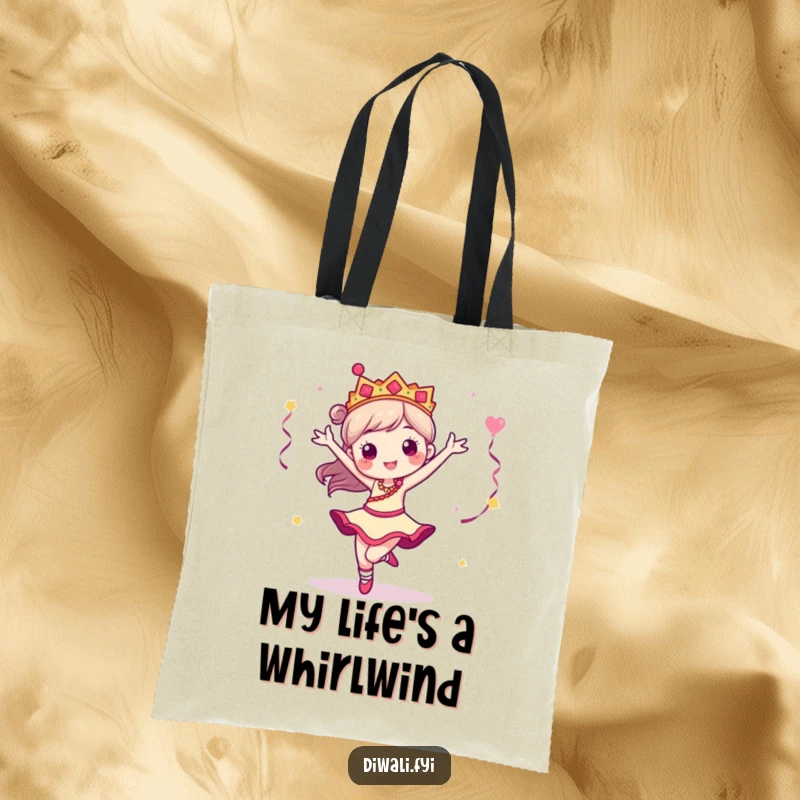 Funny tote bag showcasing a dancer character captured mid-pirouette, a chic and humorous accessory for carrying everyday items with grace.